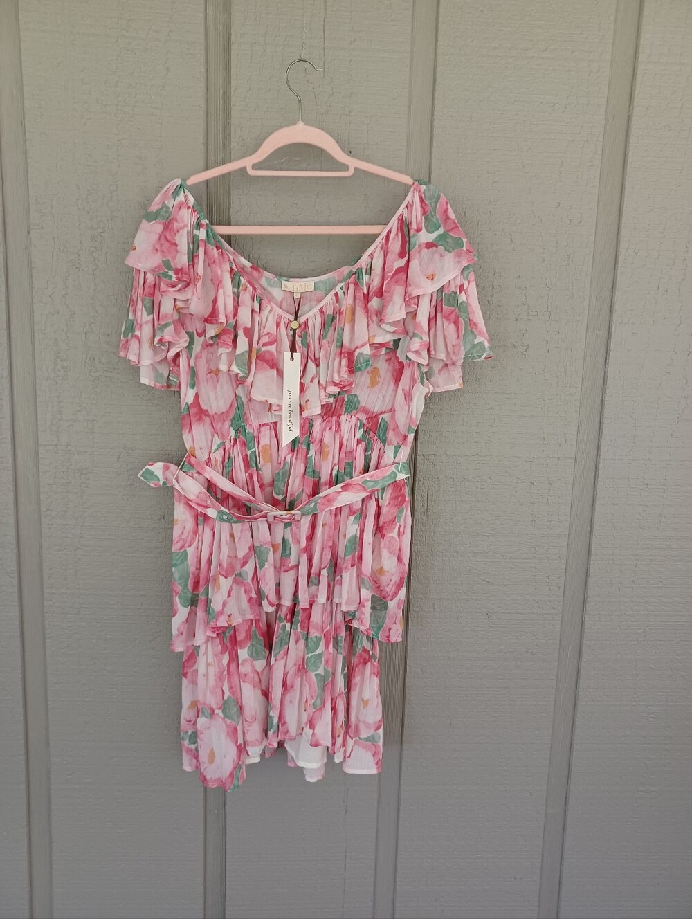 ByTimo Floral Ruffle Mini Dress Size L Women Belted Cotton Tiered Elastic Waist